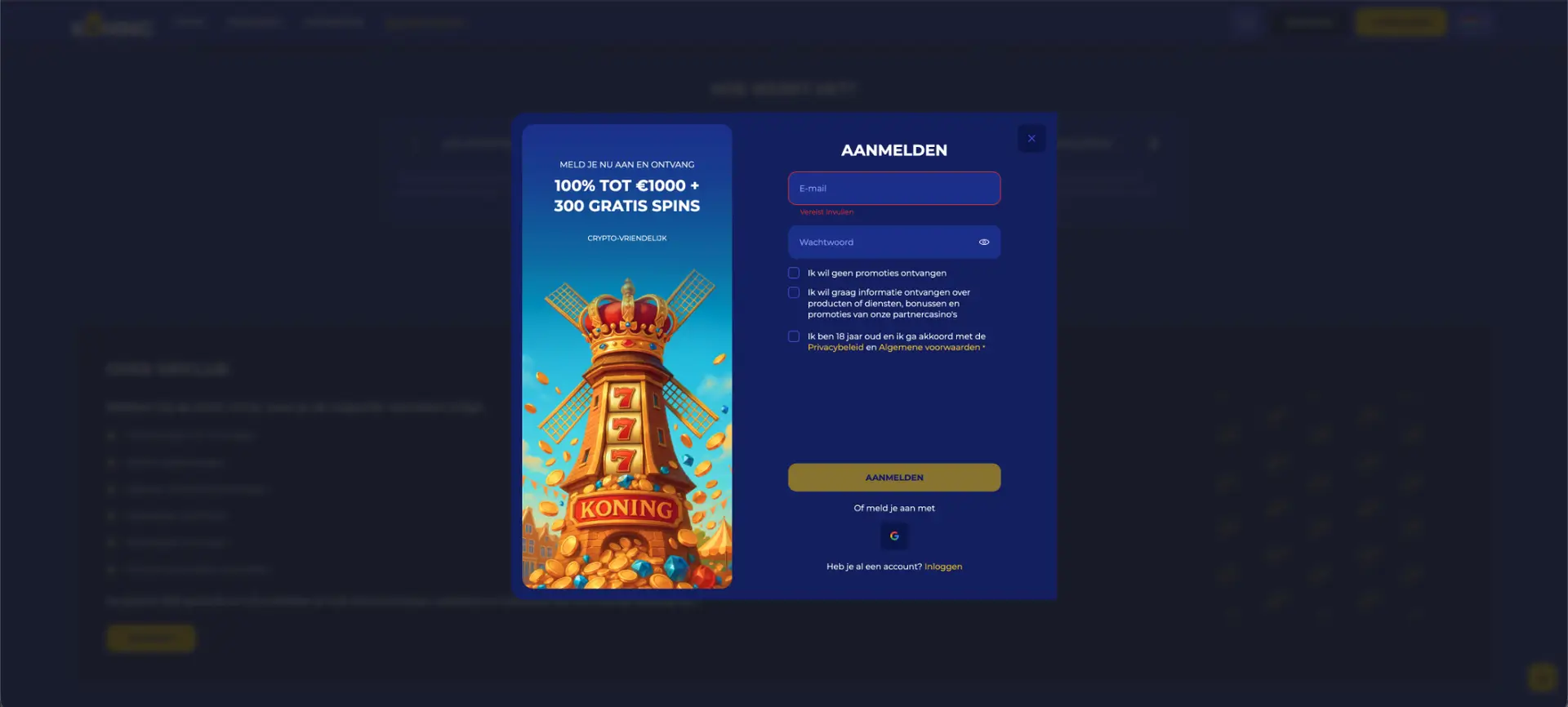 Aanmelden bij Koning casino
