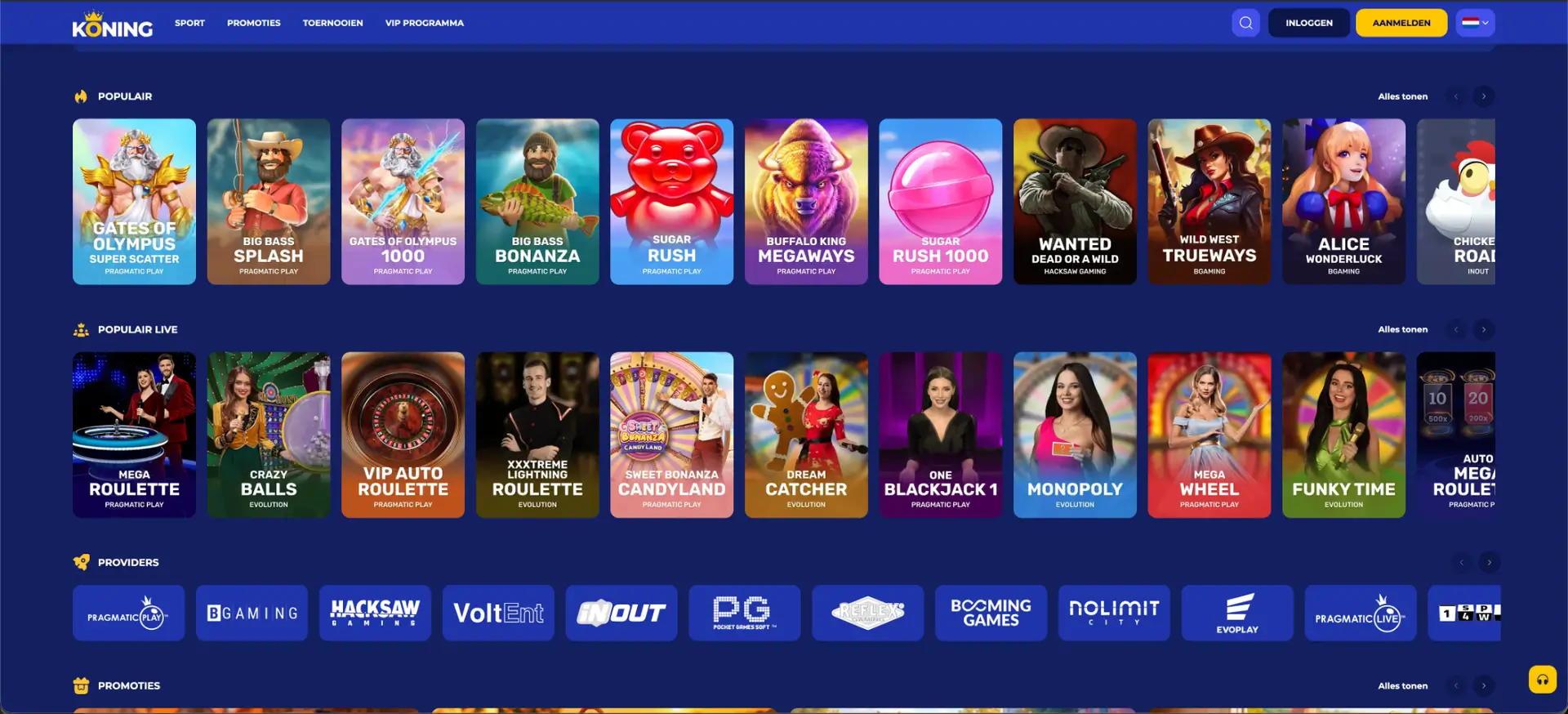 Spellen en providers bij Koning casino